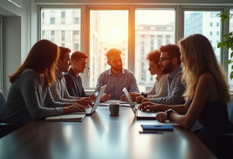 Team members collaborating in a modern office